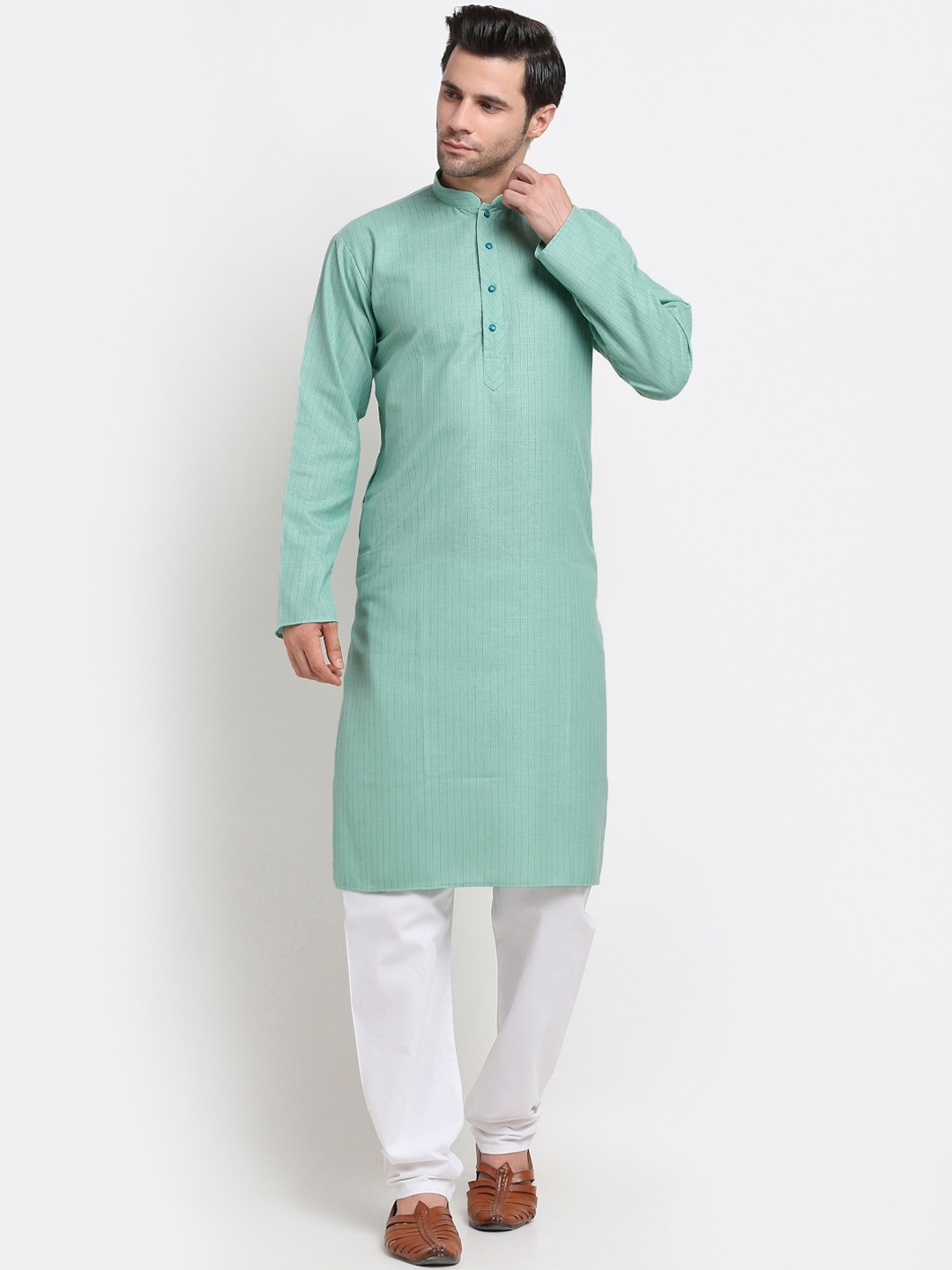 

KRAFT INDIA Men Sea Green Striped Regular Pure Cotton Kurta with Pyjamas