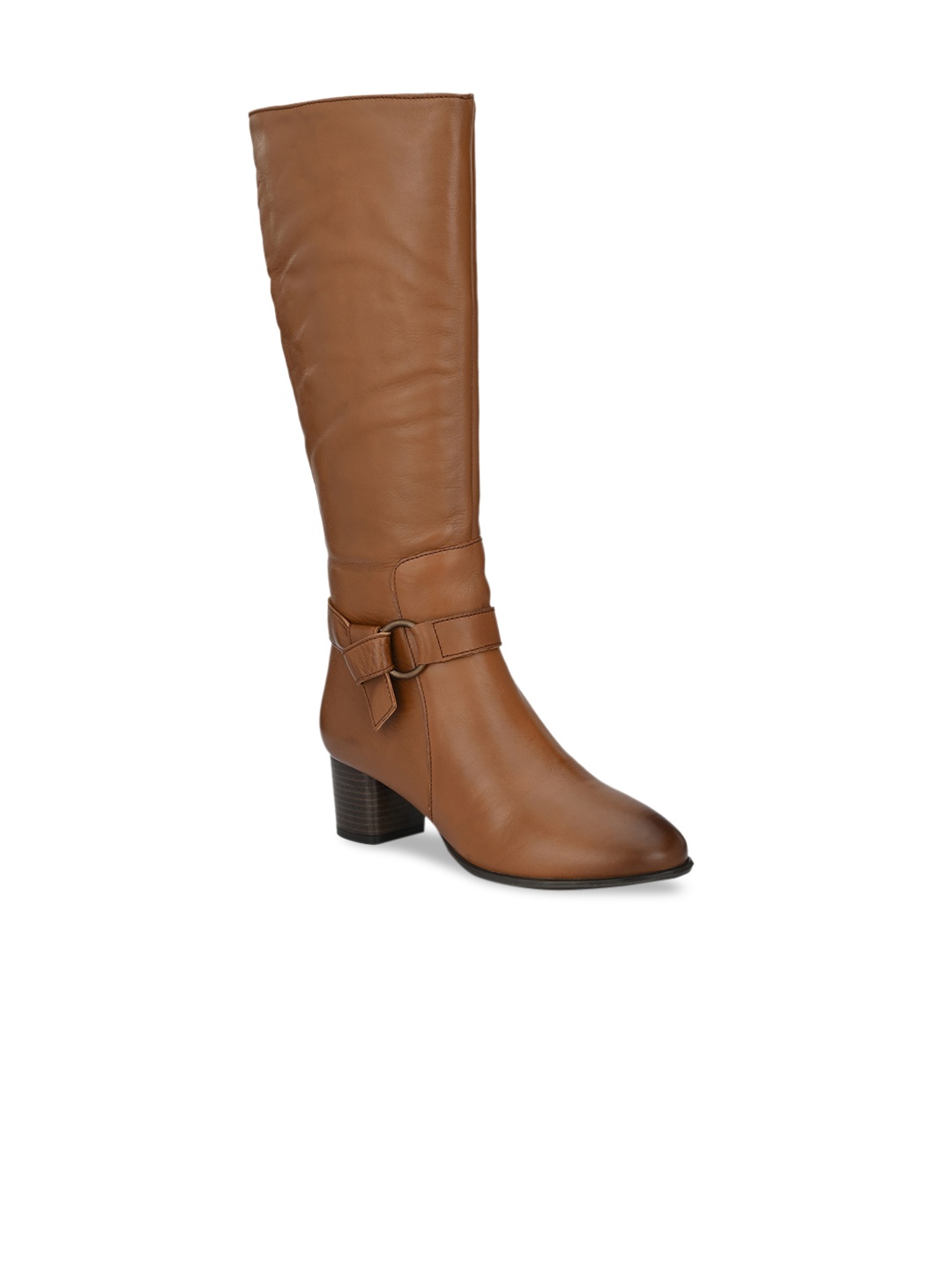 

Delize Tan Brown Leather High-Top Block Heeled Boots with Buckles