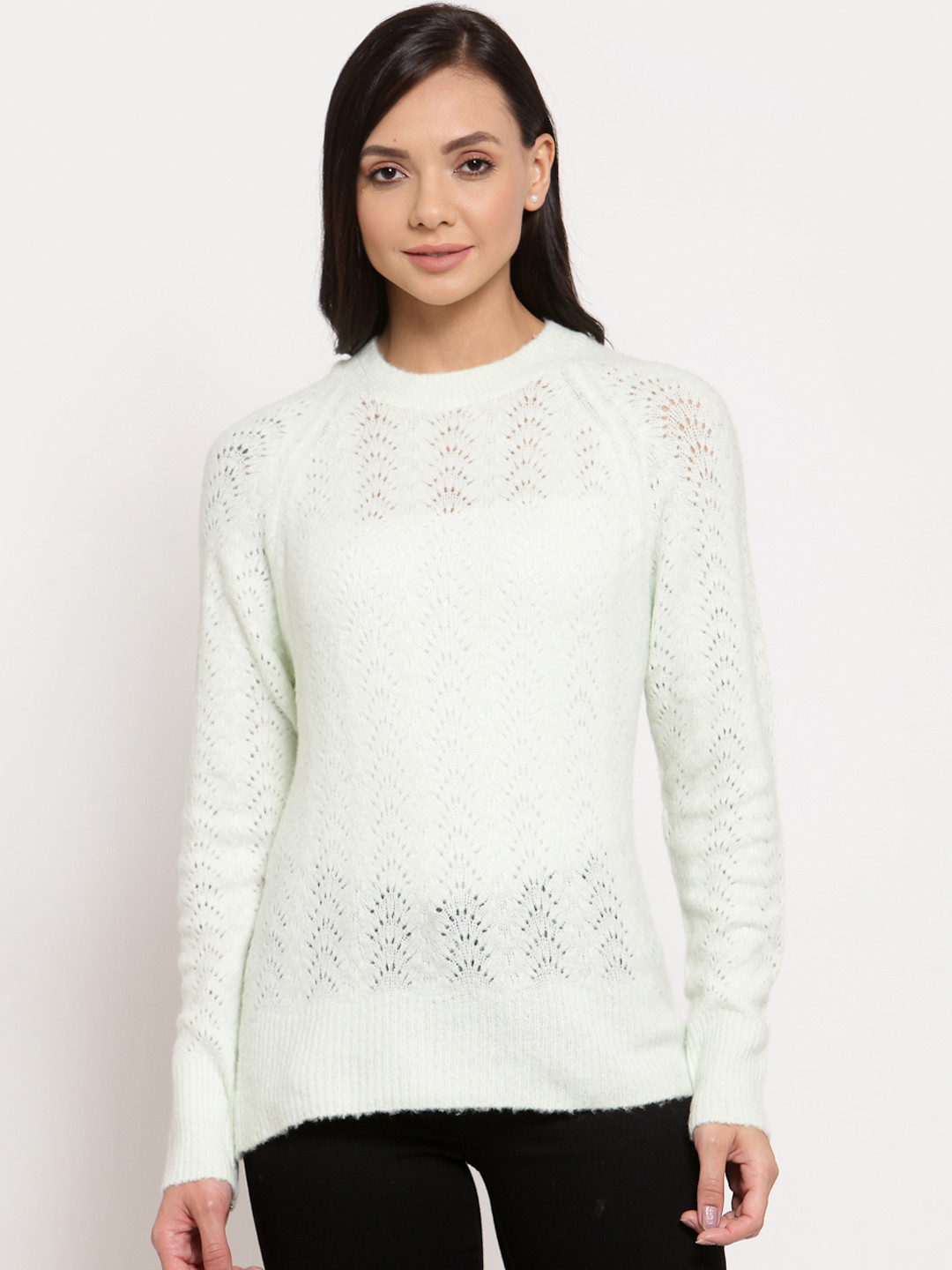 

Mode by Red Tape Women Green Self Designed Pullover Sweater, White