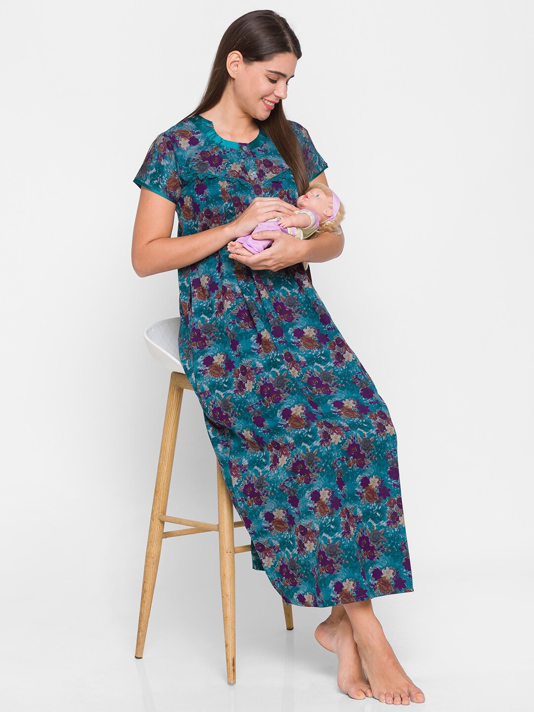 

AV2 Cotton Green Floral Printed Maxi Maternity Nightdress, Teal