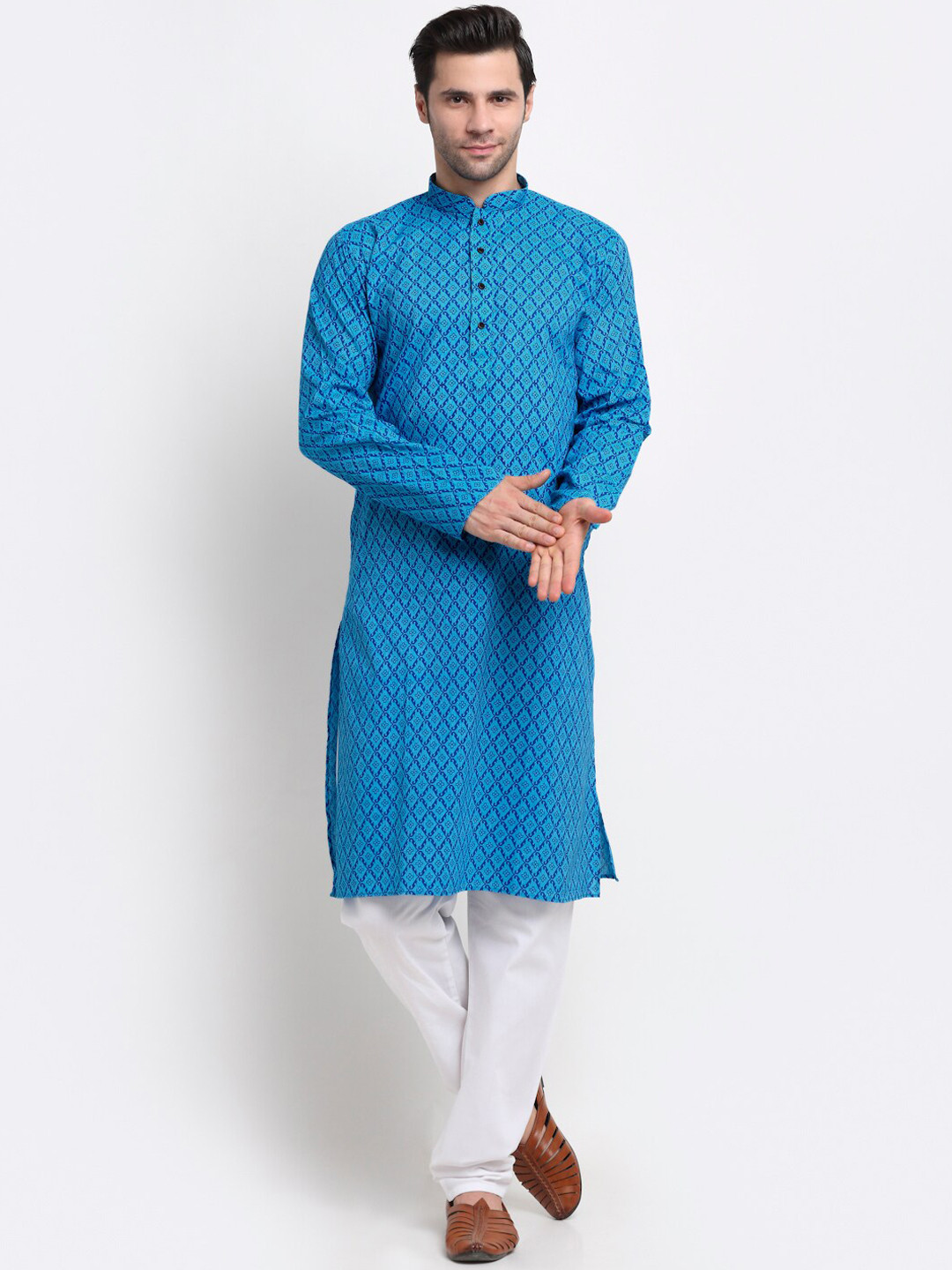 

KRAFT INDIA Men Blue Ethnic Motifs Regular Pure Cotton Kurta with Pyjamas
