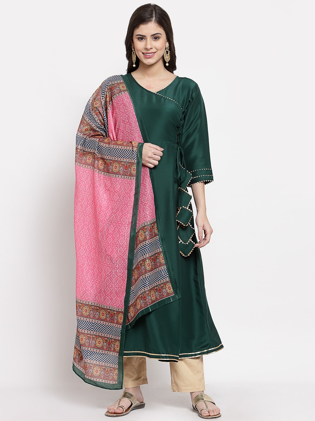 

Myshka Women Green & Pink Gotta Patti Anarkali Kurta With Dupatta
