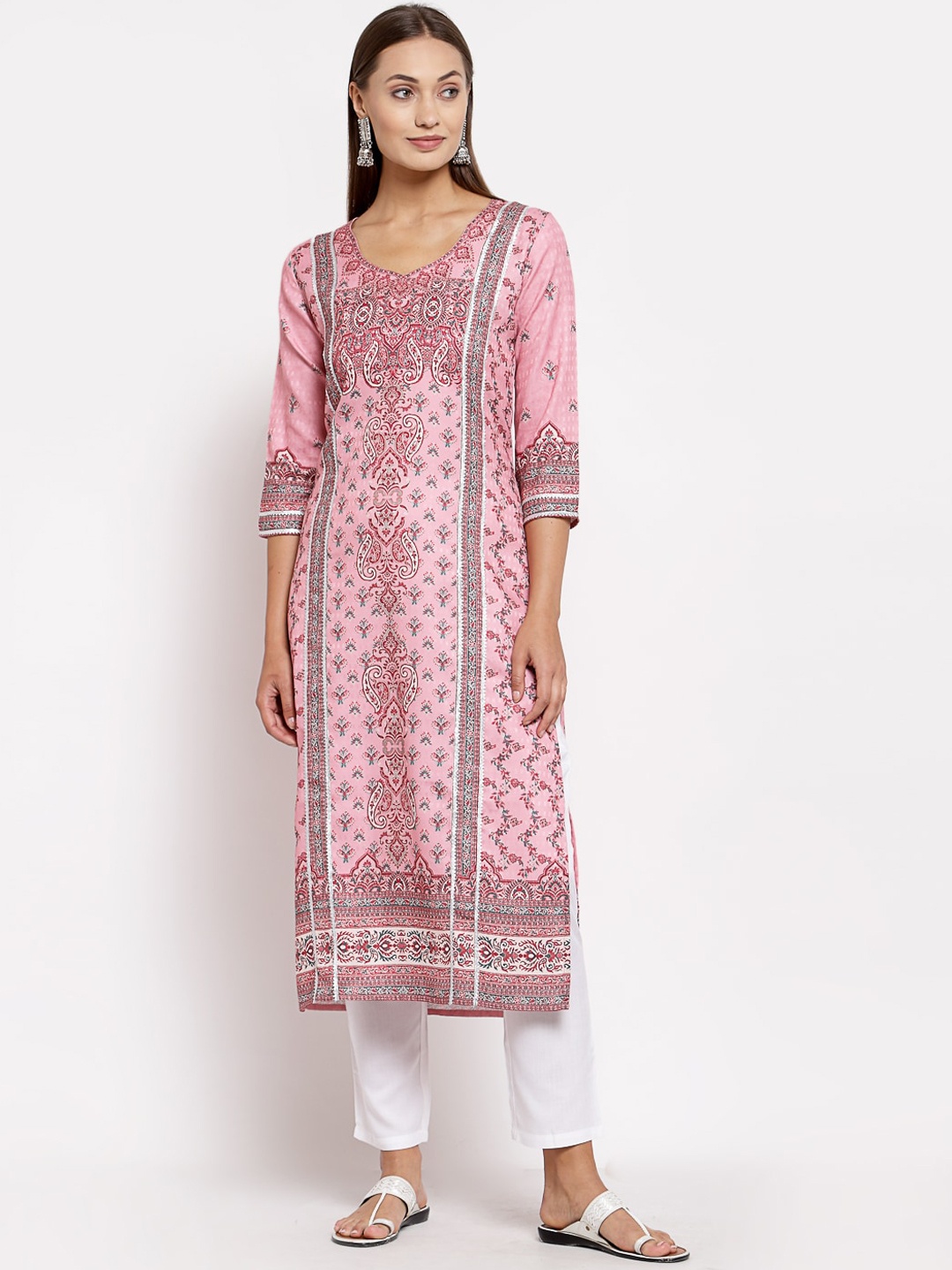 

Myshka Women Pink & Red Ethnic Motifs Printed Gotta Patti Winter Kurta