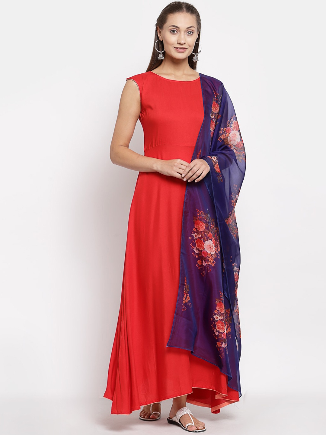 

Myshka Women Red & Blue Kurta With Printed Dupatta