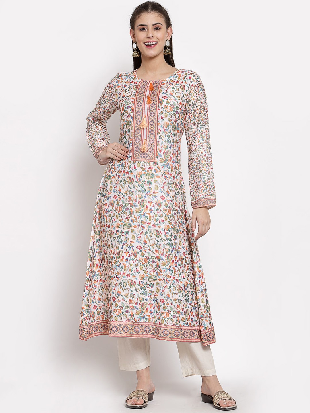 

Myshka Women White & Red Floral Printed Kurta