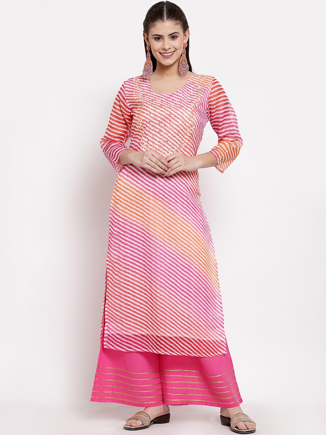 

Myshka Women Pink & White Leheriya printed Mirror Work Kurta