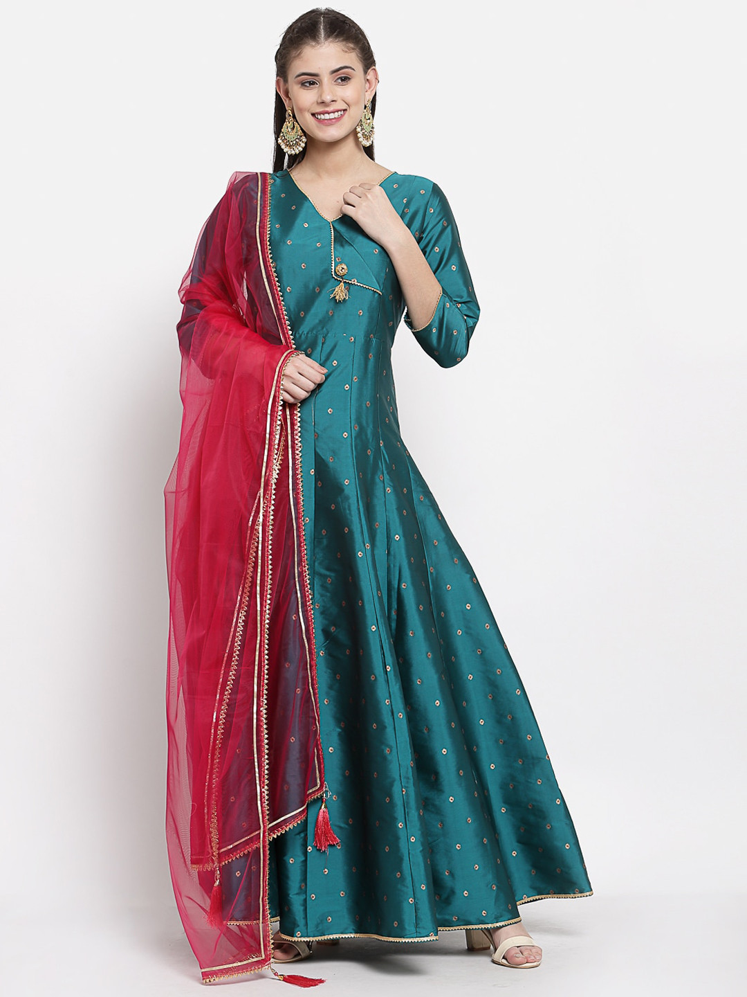 

Myshka Green & Red Ethnic Motifs Ethnic Anarkali Dress With Dupatta