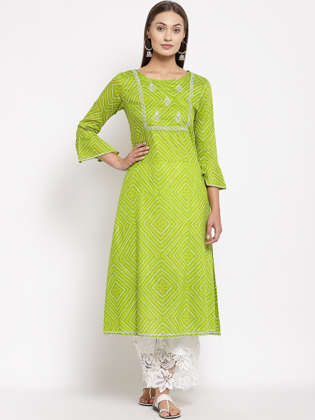 

Myshka Women Green Bandhani Printed Bell Sleeves Kurta