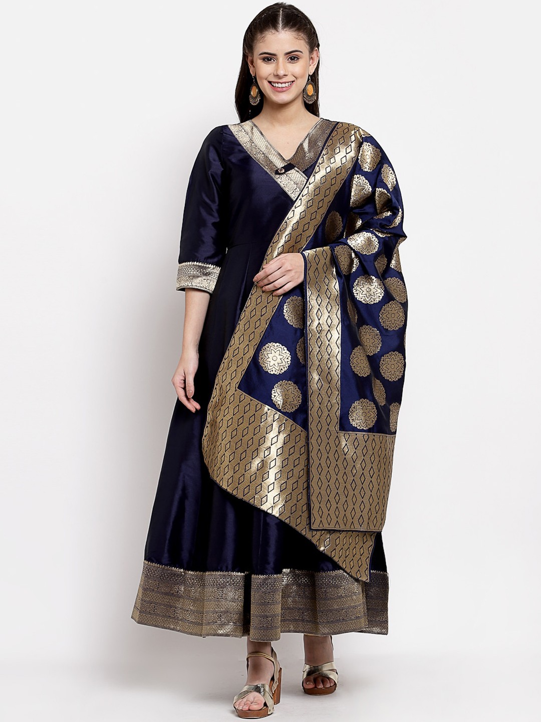 

Myshka Navy Blue & Gold-Toned Ethnic Motifs Ethnic Anarkali Dress With Dupatta