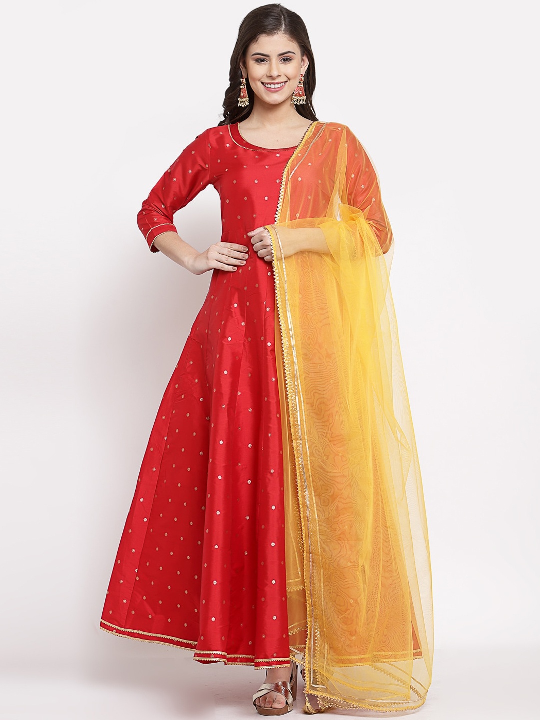 

Myshka Red & Yellow Ethnic Motifs Ethnic Anarkali Dress With Dupatta