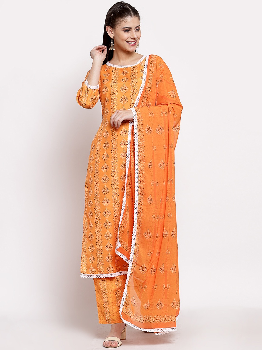 

Myshka Women Orange Printed Regular Pure Cotton Kurta with Trousers & With Dupatta
