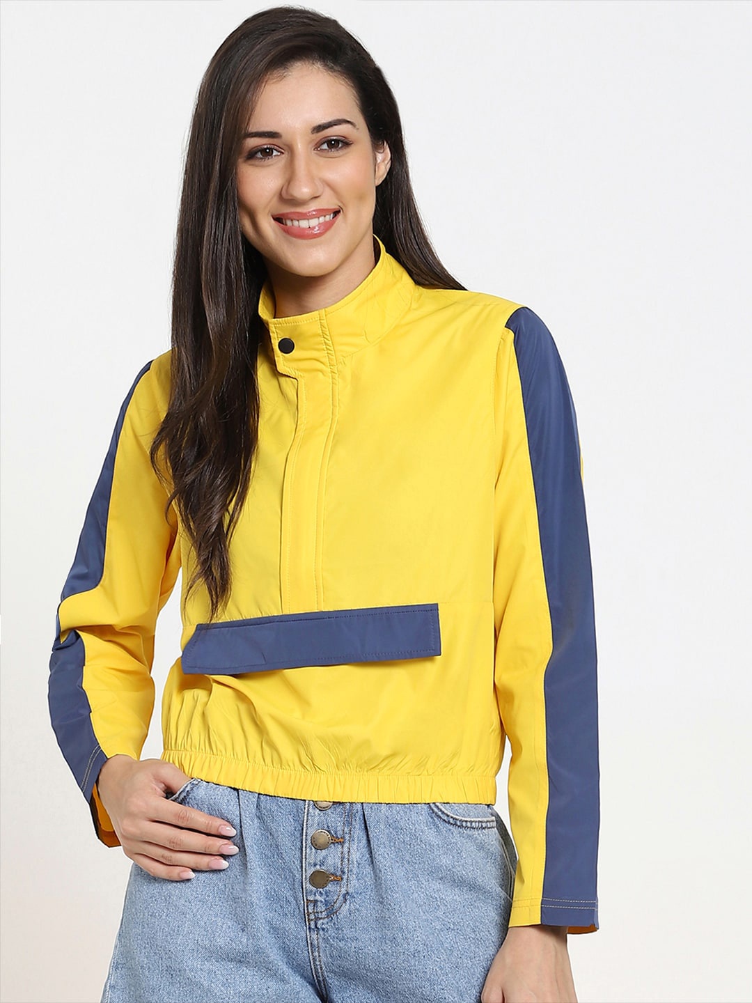 

Bewakoof Women Yellow Blue Colourblocked Crop Tailored Jacket