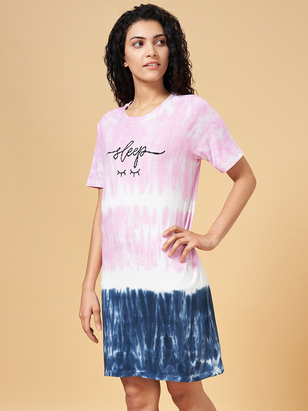 

People Women Pink & Blue Pure Cotton Tie & Dye Printed Night Dress