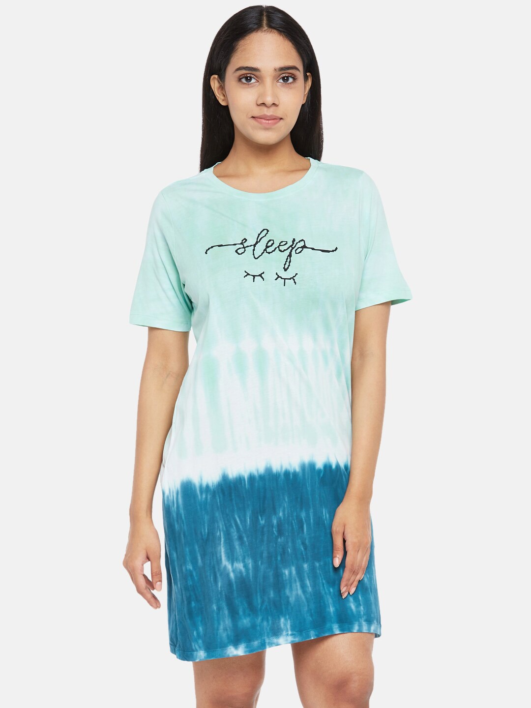 

People Turquoise Blue Printed Pure Cotton Nightdress