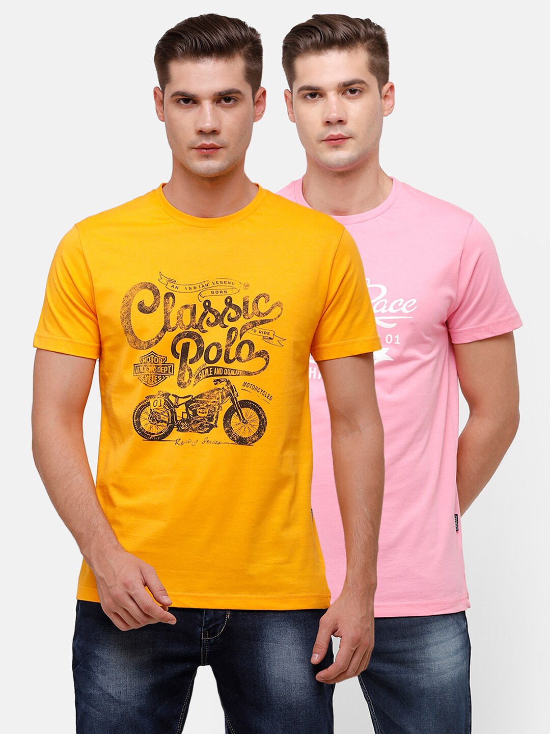 

Classic Polo Men Pack Of 2 Pink & Yellow Typography 2 Printed Slim Fit T-shirt