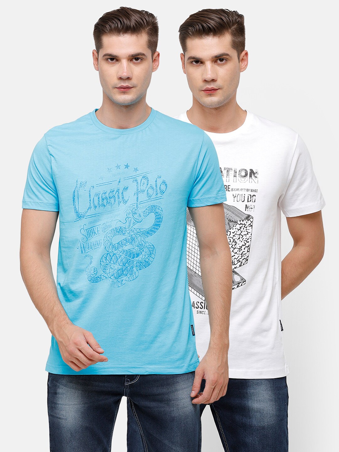 

Classic Polo Men Pack Of 2 White & Blue Typography Printed Slim Fit T-shirt