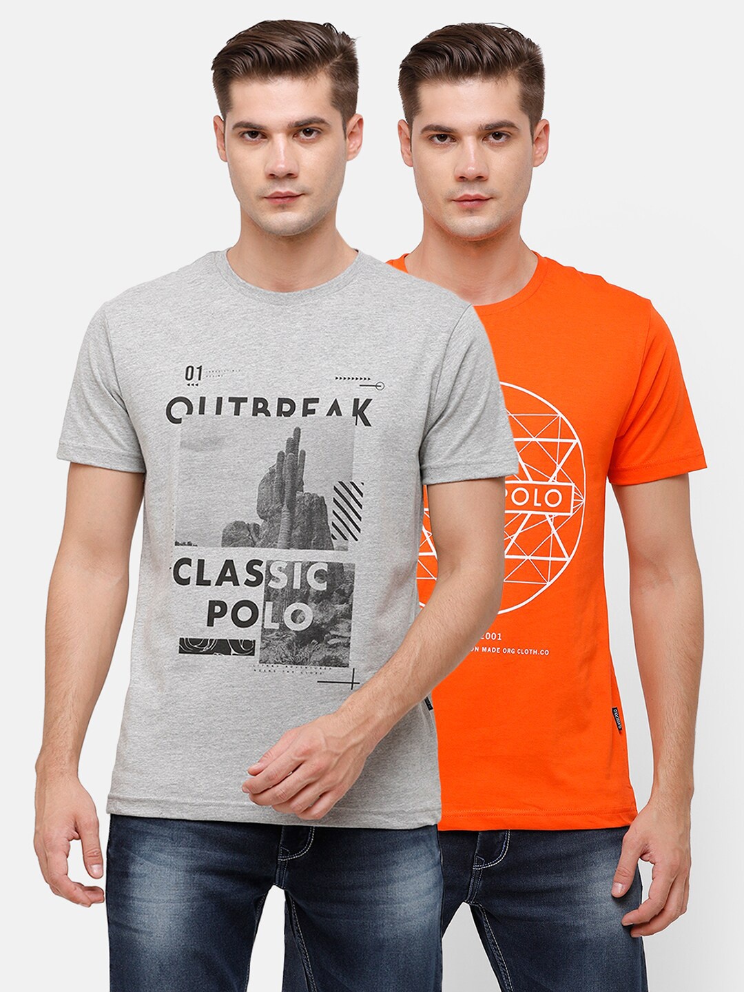 

Classic Polo Pack Of 2 Grey Melange & Orange Printed Slim Fit T-shirt