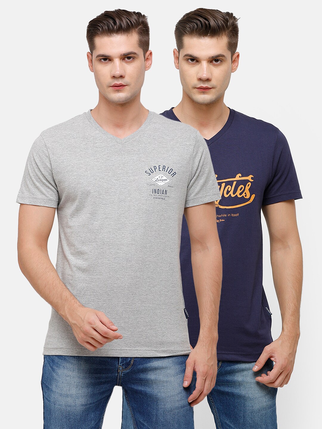 

Classic Polo Men Pack Of 2 Grey Melange & Blue Typography Printed V-Neck Slim Fit T-shirt