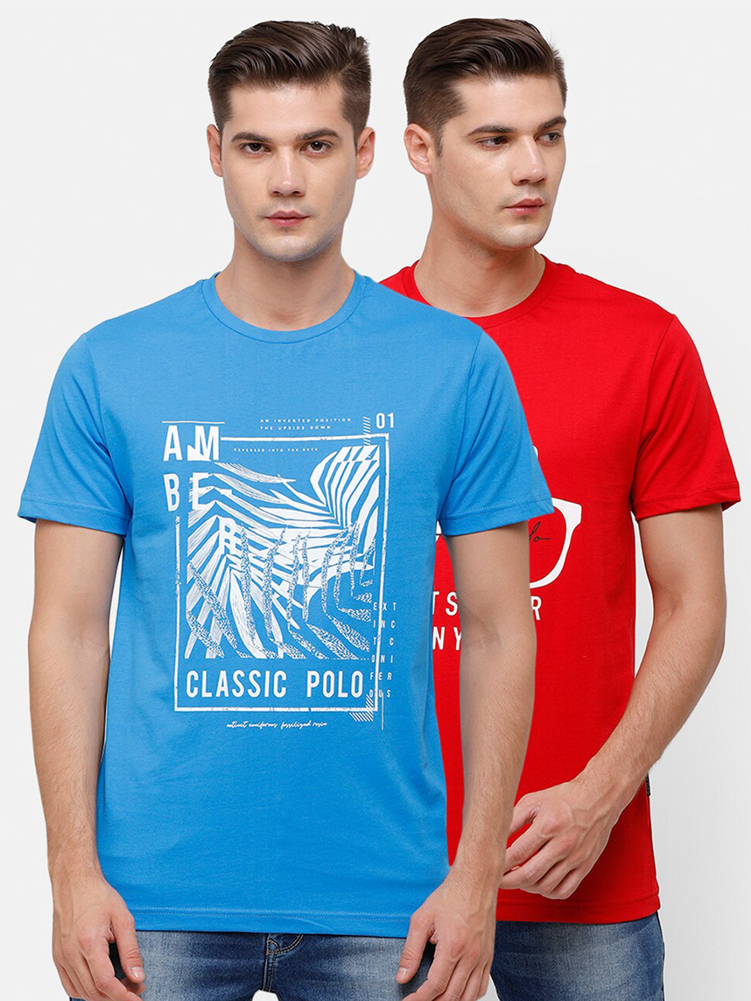 

Classic Polo Men Pack Of 2 Blue & Red Typography Printed Slim Fit T-shirt