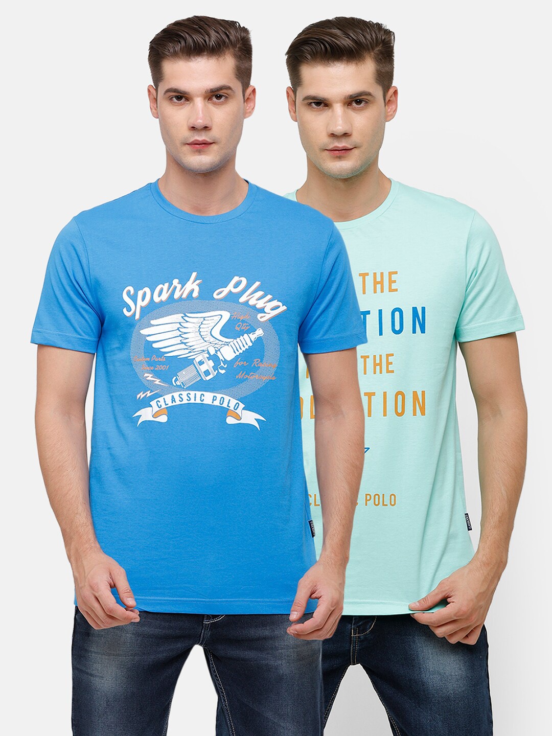 

Classic Polo Men Pack Of 2 Green Typography Printed Slim Fit T-shirt