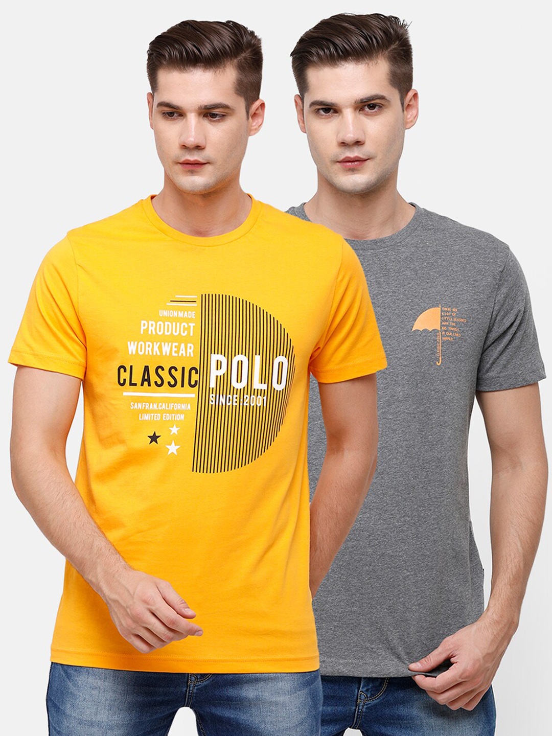 

Classic Polo Men Pack Of 2 Grey Melange & Yellow Typography Printed Slim Fit T-shirt