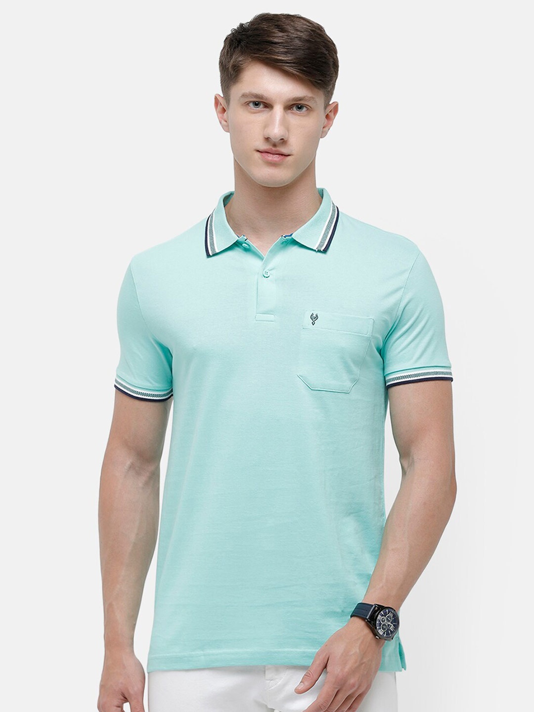 

Classic Polo Men Turquoise Blue Polo Collar Slim Fit T-shirt