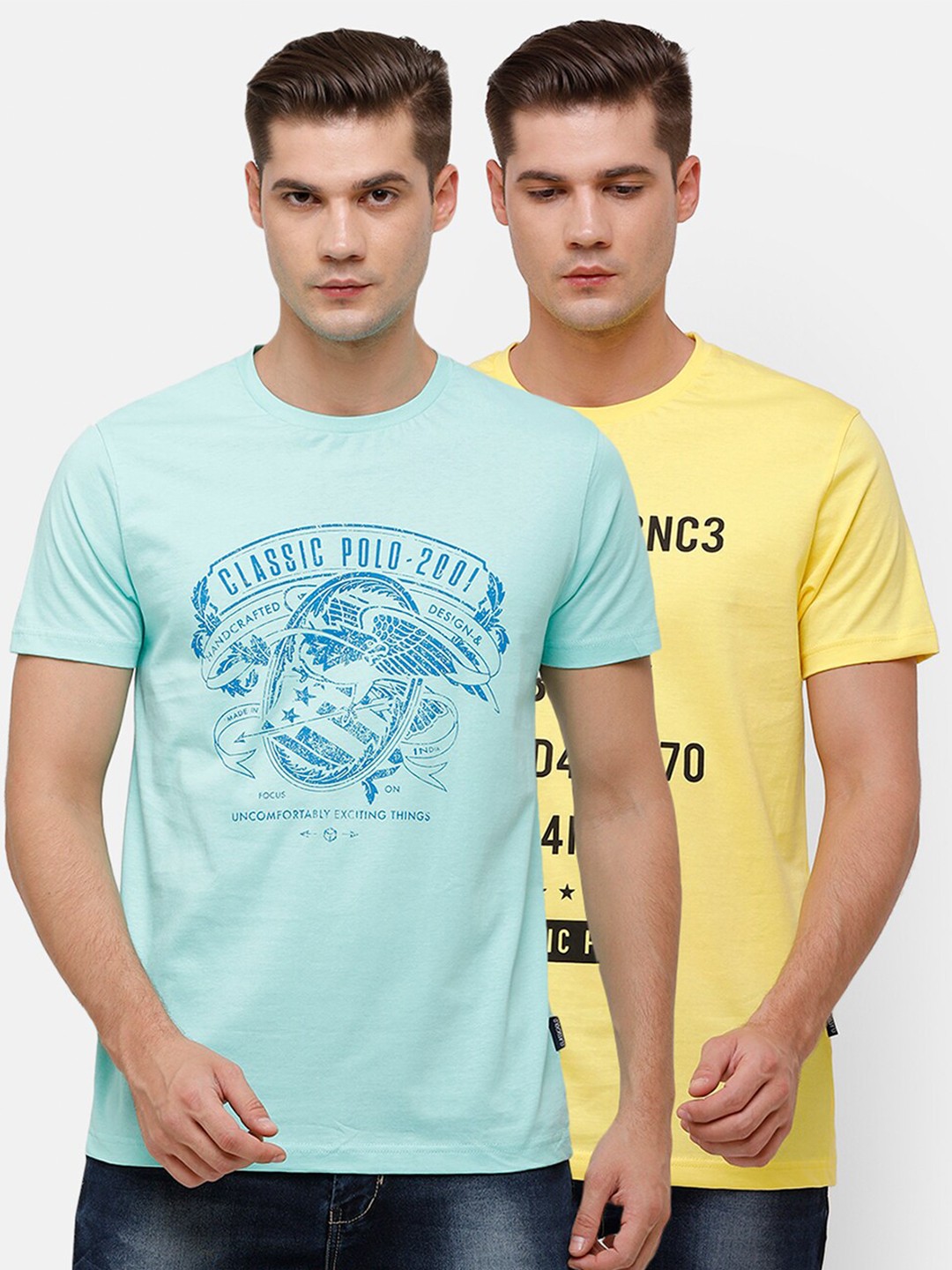 

Classic Polo Men Pack Of 2 Green & Yellow Typography Printed Slim Fit T-shirt