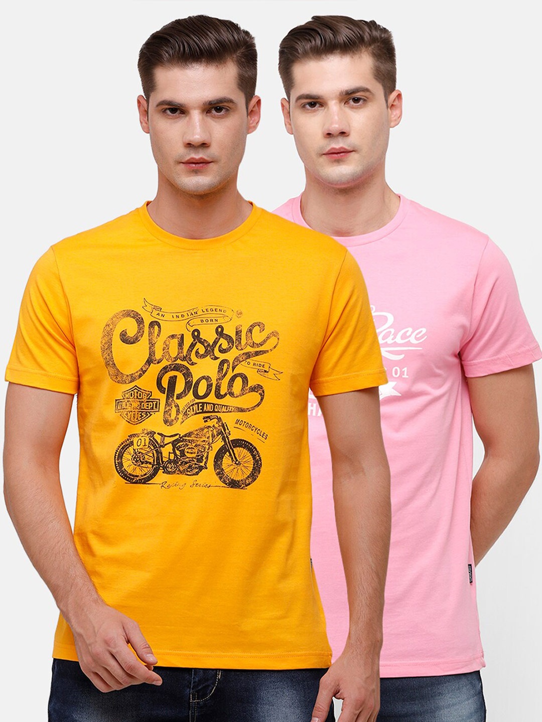 

Classic Polo Men Pack Of 2 Pink & Yellow Printed Slim Fit T-shirt