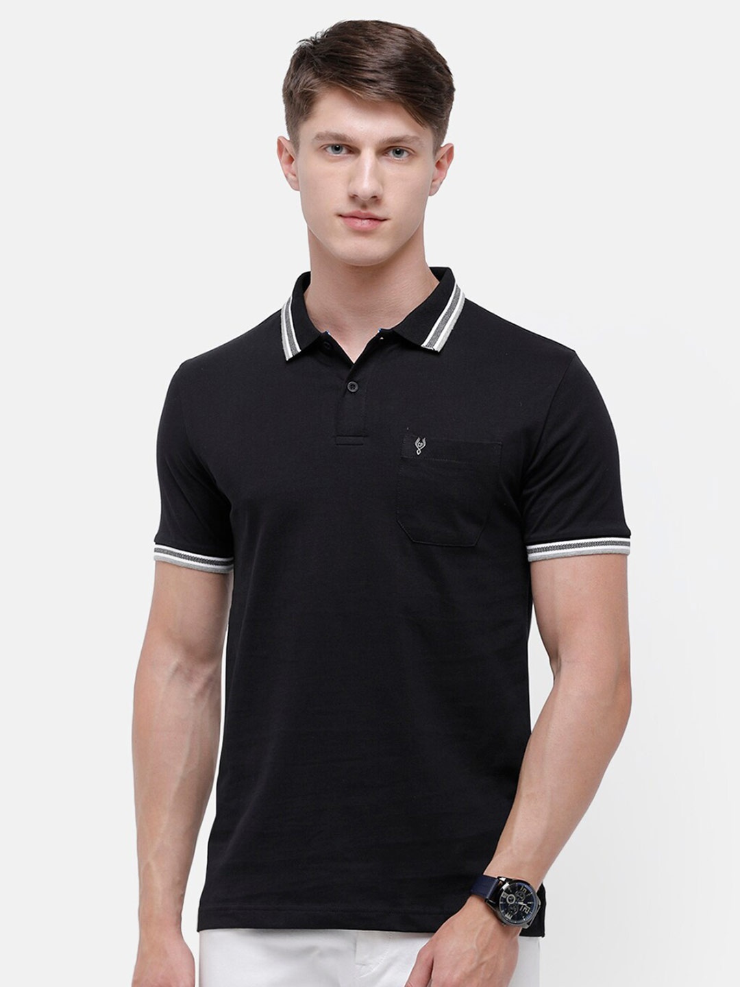 

Classic Polo Men Black & White Polo Collar Slim Fit T-shirt