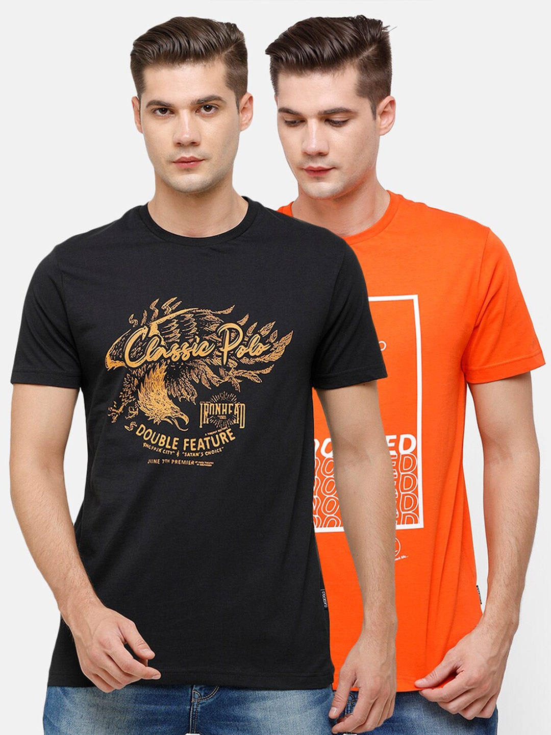 

Classic Polo Men Pack Of 2 Orange & Black Typography Printed Slim Fit T-shirt