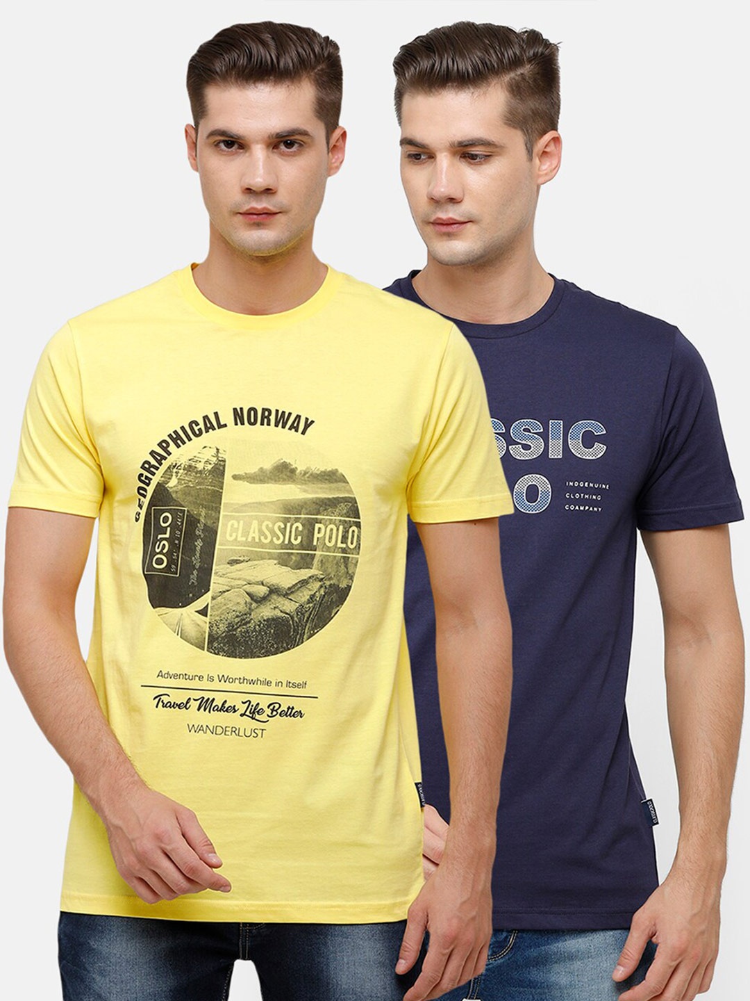 

Classic Polo Men Pack Of 2 Yellow & Blue Typography Printed Slim Fit T-shirt