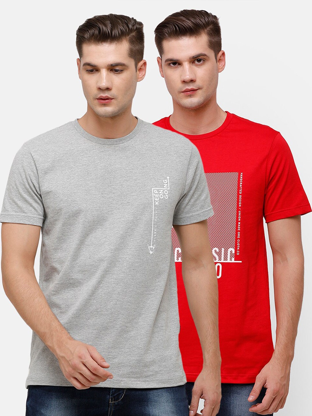 

Classic Polo Men Pack Of 2 Red & Grey Typography Printed Slim Fit T-shirt