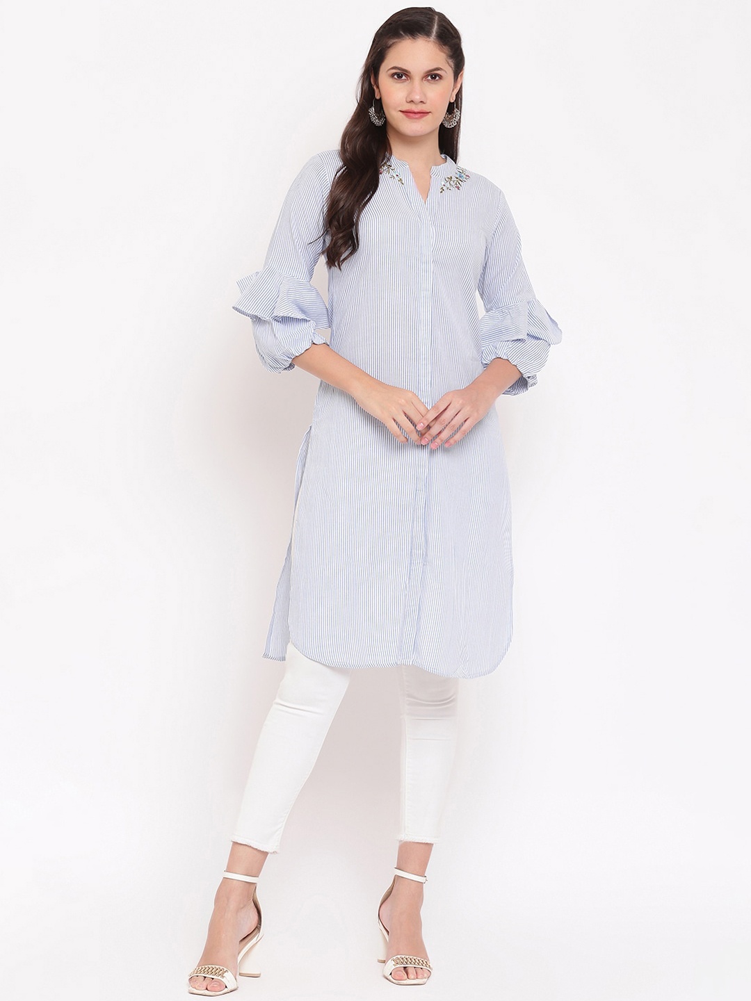 

IMARA Women Blue Striped Thread Work Kurta