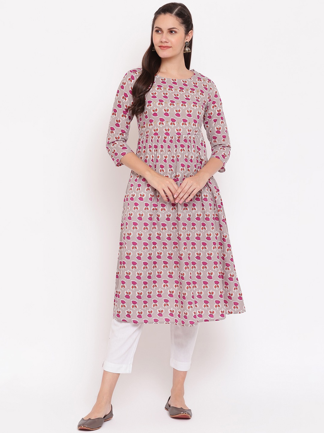 

IMARA Women Grey & Pink Floral Printed Anarkali Kurta