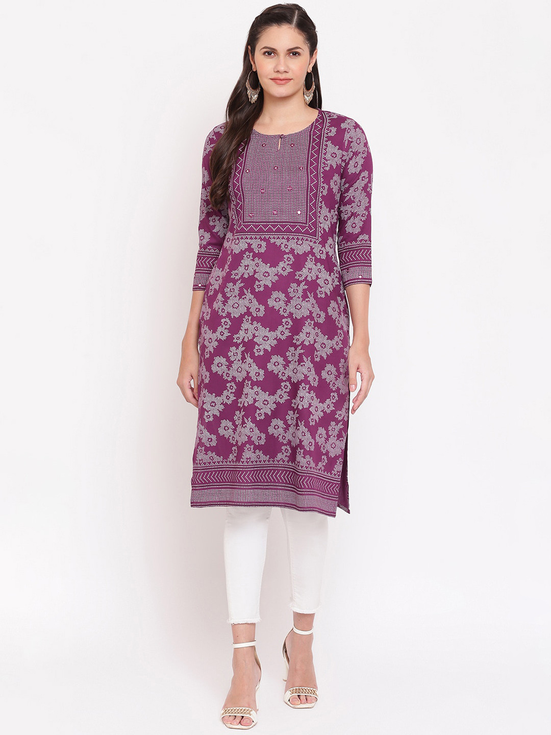 

IMARA Women Purple Printed Keyhole Neck Liva Kurta