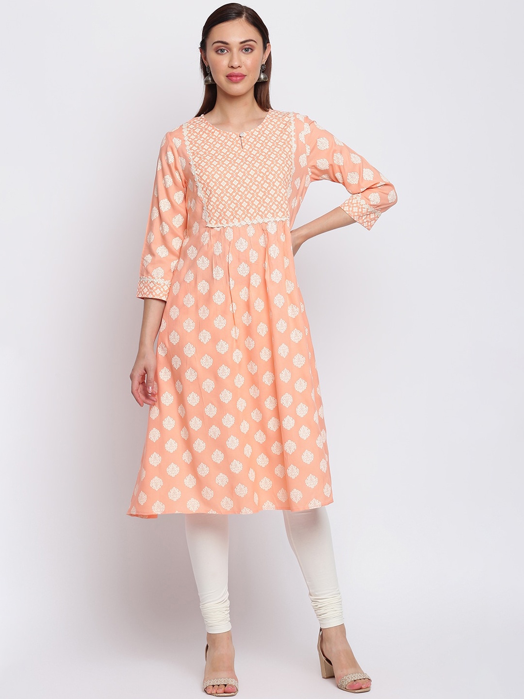 

IMARA Women Peach-Coloured & White Ethnic Motifs Printed Keyhole Neck Liva Kurta