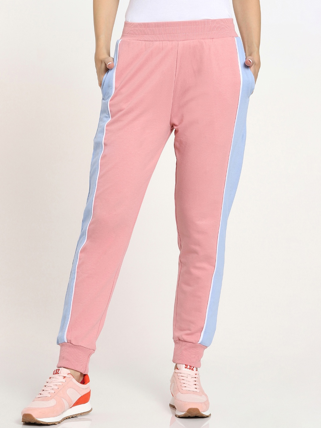 

Bewakoof Women Pink & Turquoise-Blue Colourblocked Cotton Straight-Fit Joggers