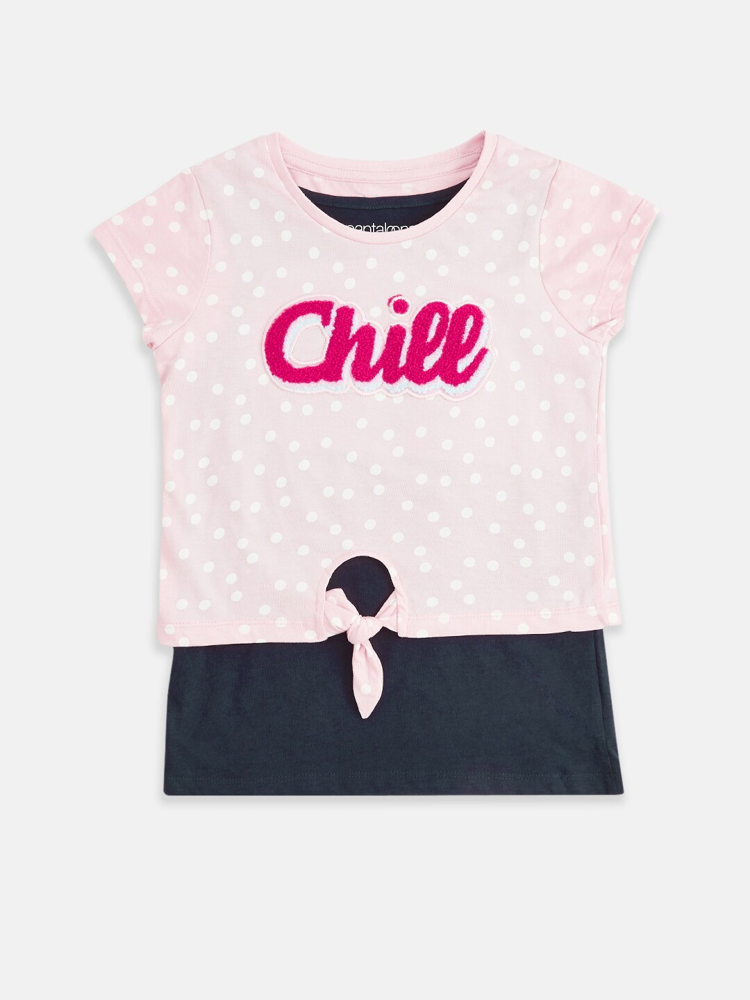 

Pantaloons Junior Pink & Navy Blue Polka Dot Print Layered Waist Tie-Up Top