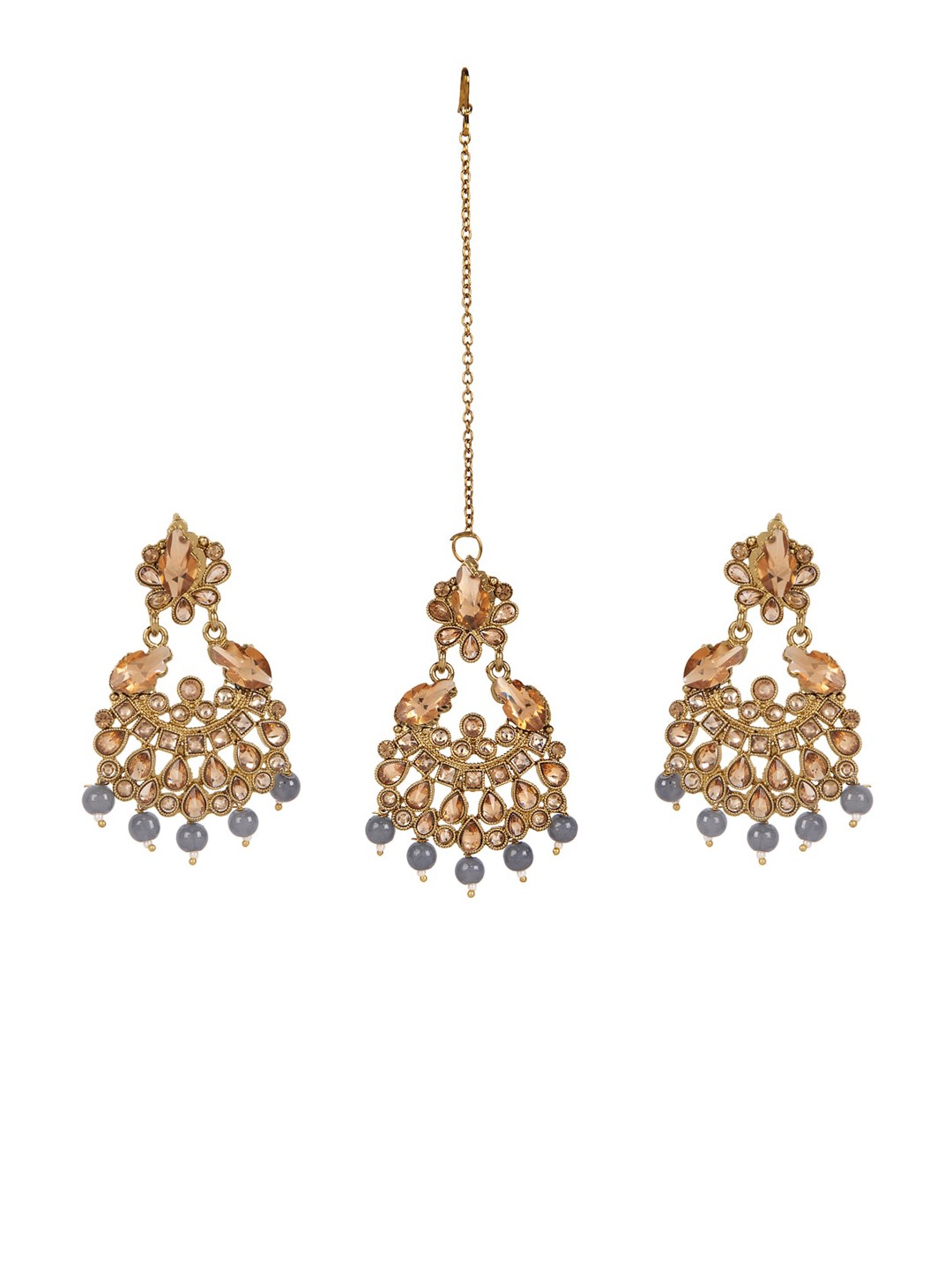 

ANIKAS CREATION Gold-Plated & Grey Kundan Pearl Earring & Maangtika Set