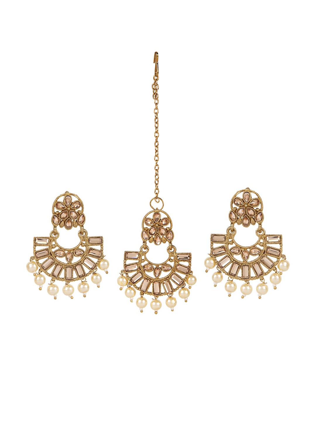 

ANIKAS CREATION Gold-Plated & Grey Kundan Pearl Earring & Maangtika Set