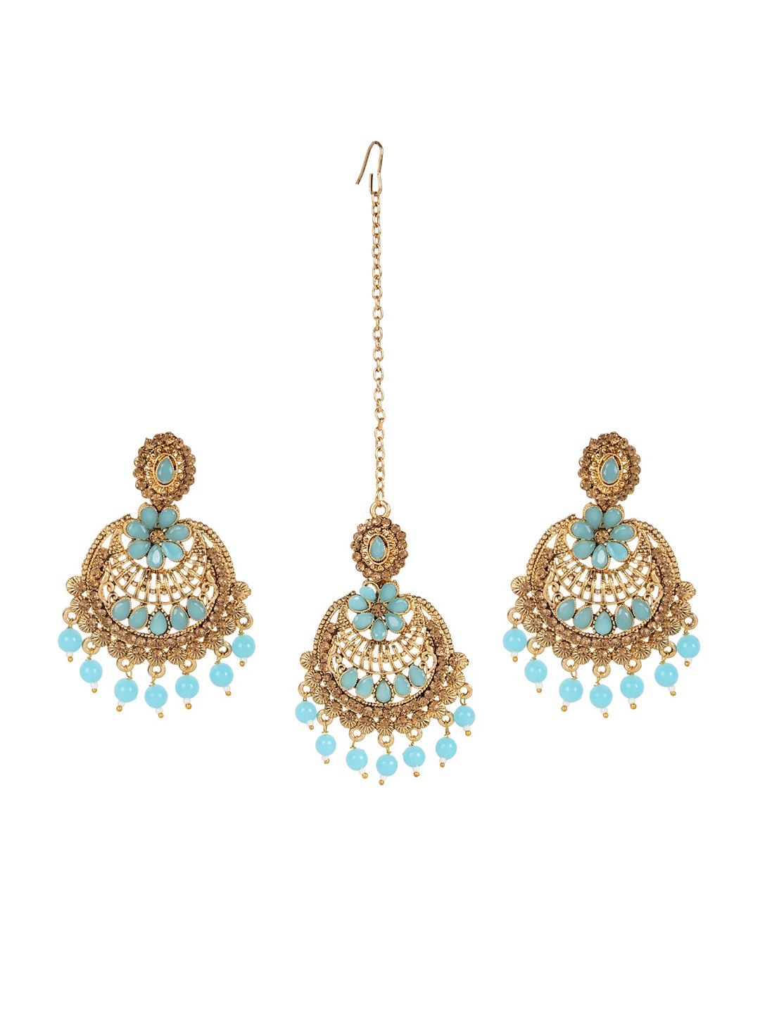 

ANIKAS CREATION Gold-Plated & Blue Kundan Pearl Earring & Maangtika Set, Turquoise blue