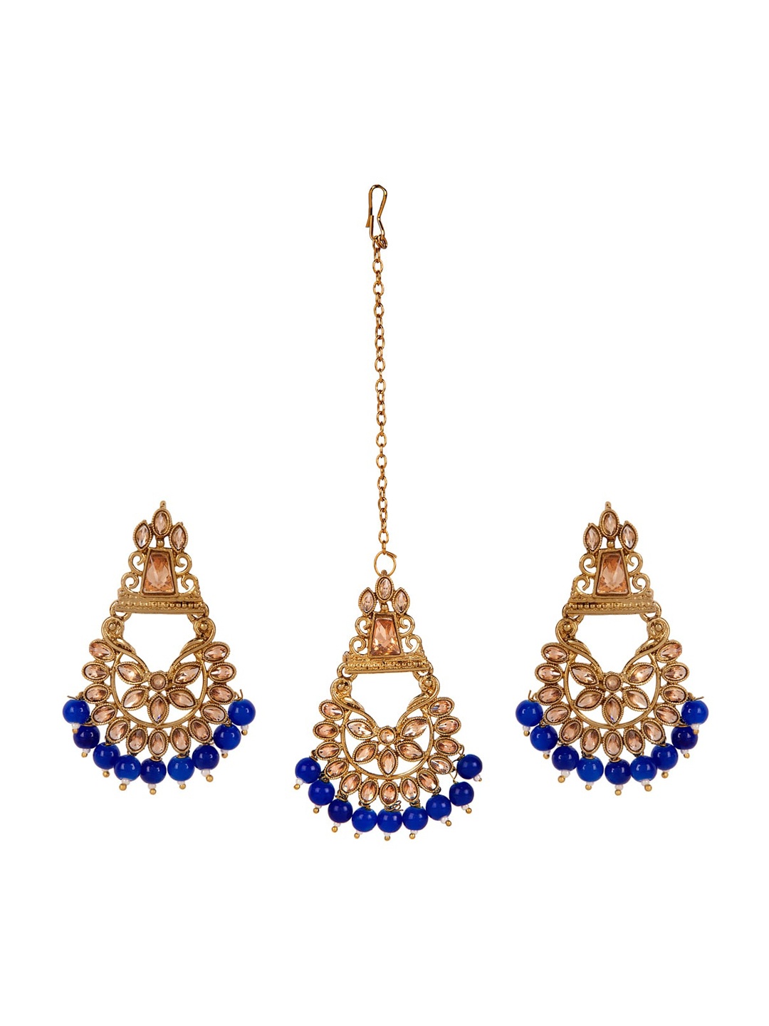 

ANIKAS CREATION Gold-Plated & Navy Blue Kundan Pearl Earring & Maangtika Set