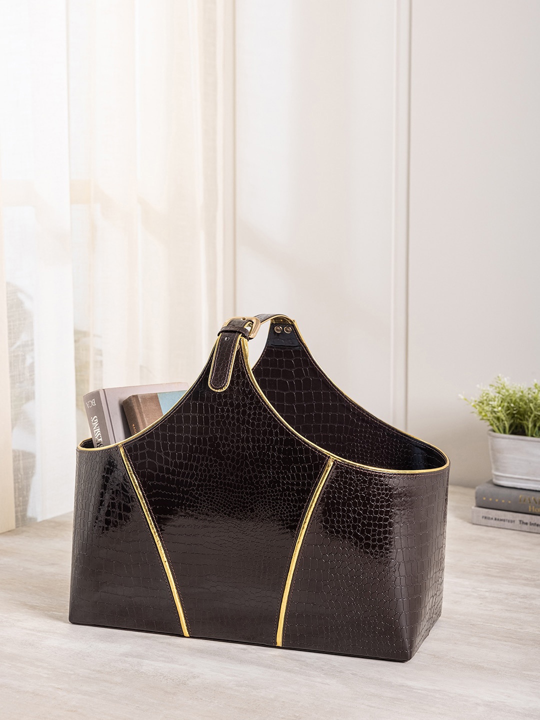 

Pure Home and Living Brown & Gold-Toned Crocodile-Skin Textured Marco Magazine Holder