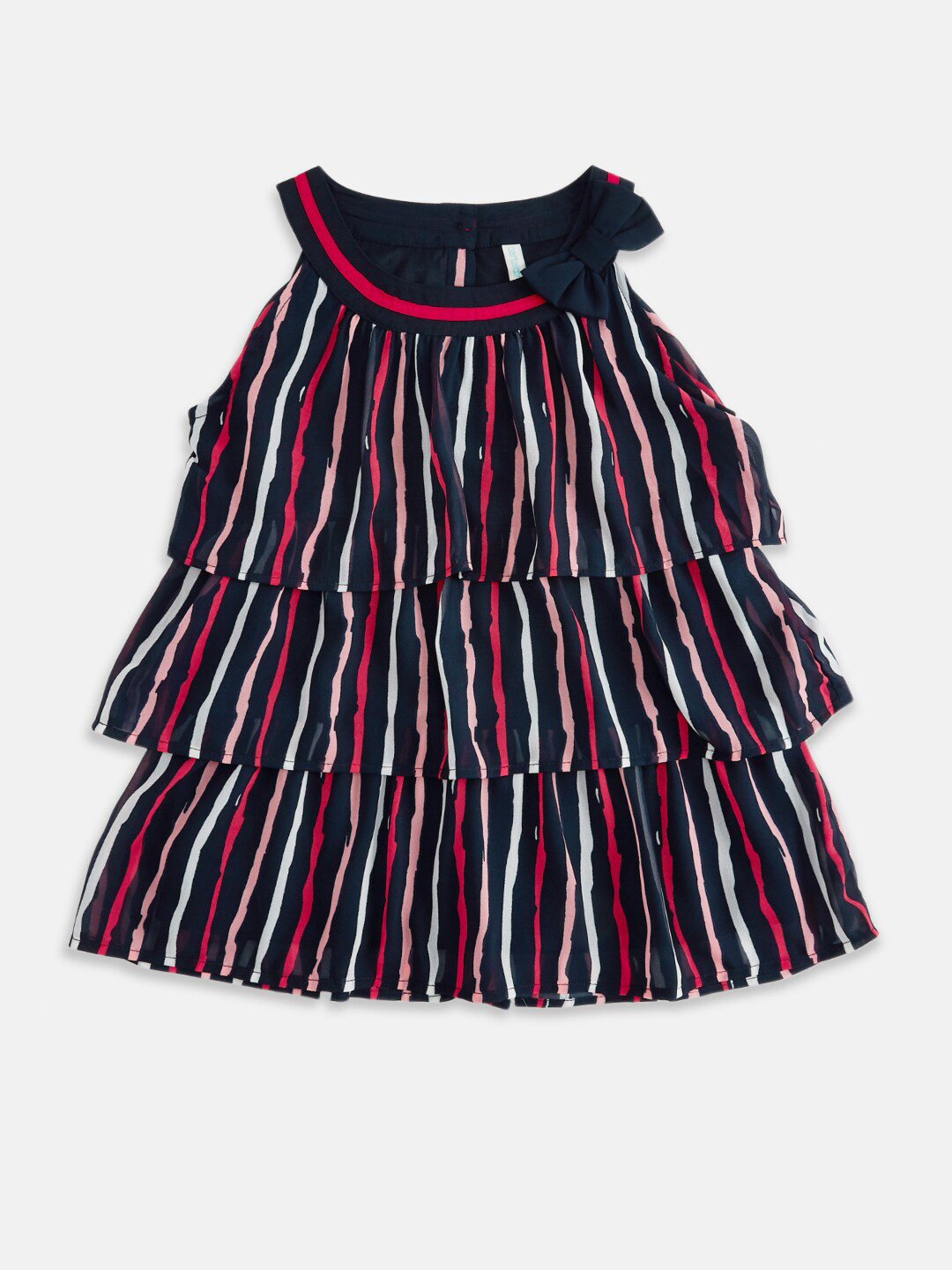 

Pantaloons Junior Girls Navy Blue Striped Pure Silk Georgette Tiered Top