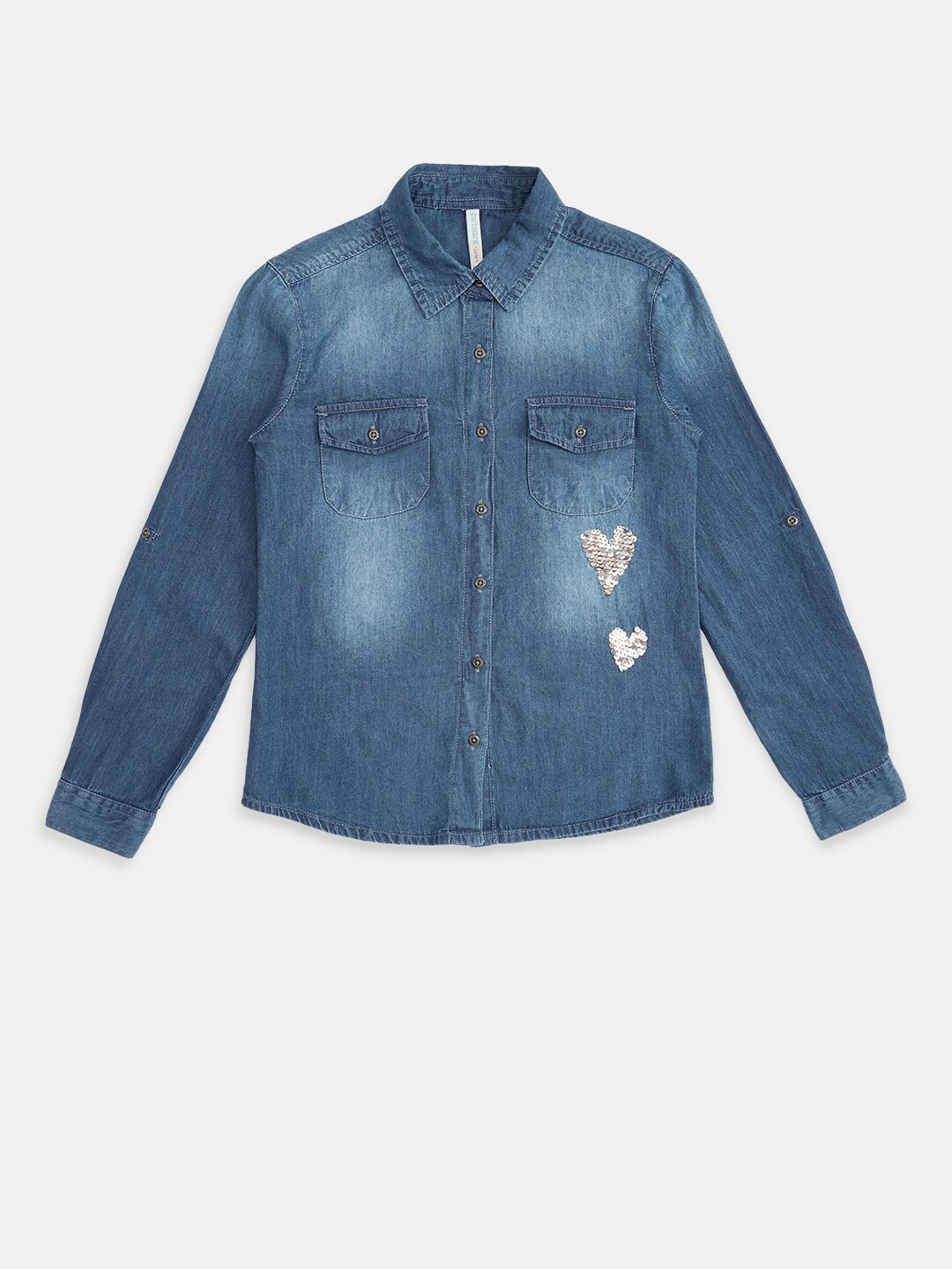 

Pantaloons Junior Girls Blue Embellished Shirt Style Pure Cotton Top