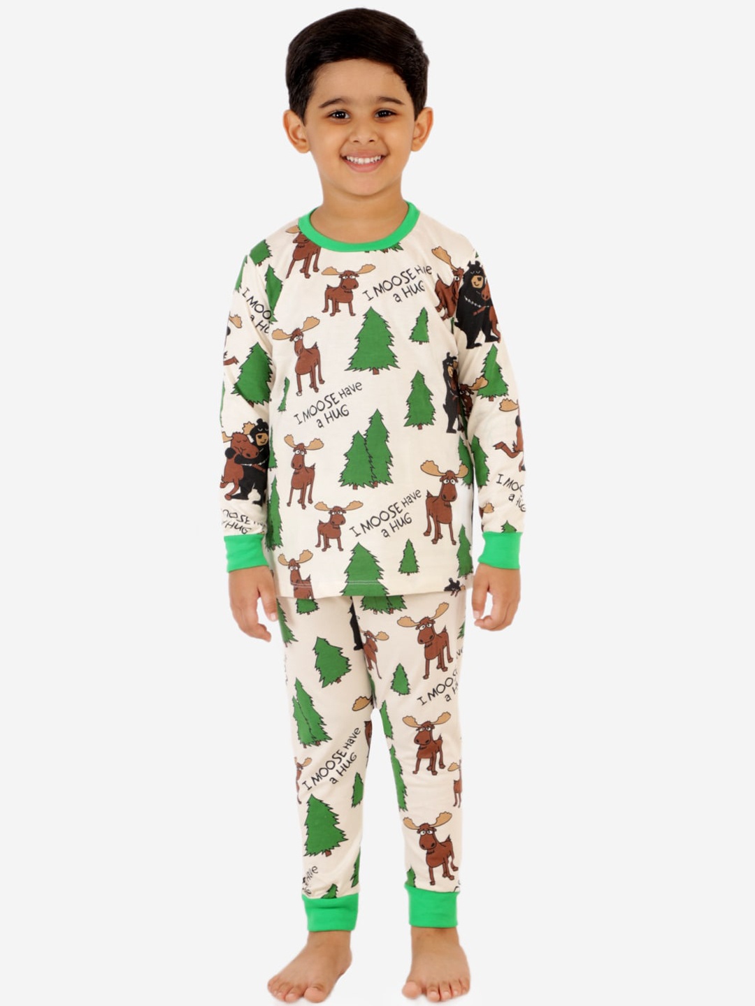 

Lazy Shark Boys Cream-Coloured & Green Printed Night Suit