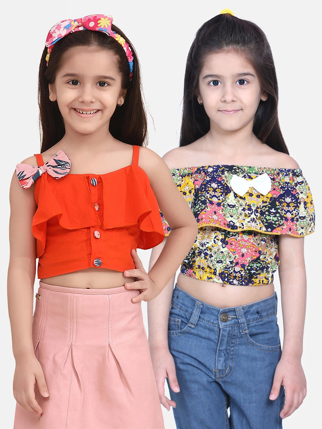 

Cutiekins Pack Of 2 Multicoloured Floral Off-Shoulder Ruffles Crepe Bardot Crop Tops, Multi