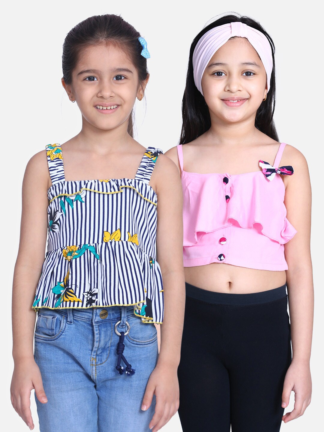 

Cutiekins Girls Pack of 2 Black Striped & Pink Ruffles Crepe Regular Crop Top