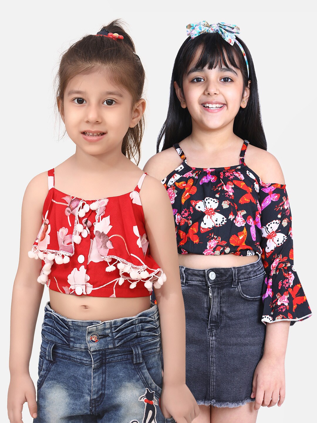 

Cutiekins Girls Red & Black Pack of 2 Printed Ruffles Crepe Crop Top