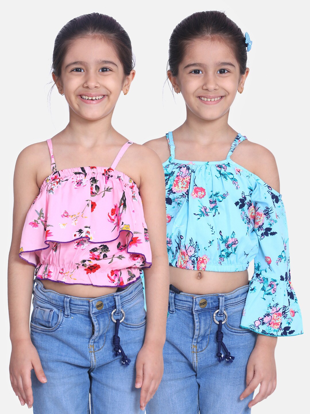 

Cutiekins Pack Of 2 Pink & Turquoise Blue Floral Crepe A-Line Crop Top